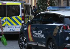 Coches de la Policía Local y Nacional en una céntrica zona de Salamanca.