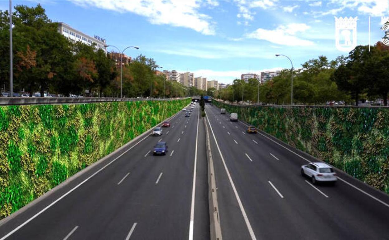 Recreación de los muros de la M-30 forrados de jardines presentada por el Ayuntamiento de Madrid. 