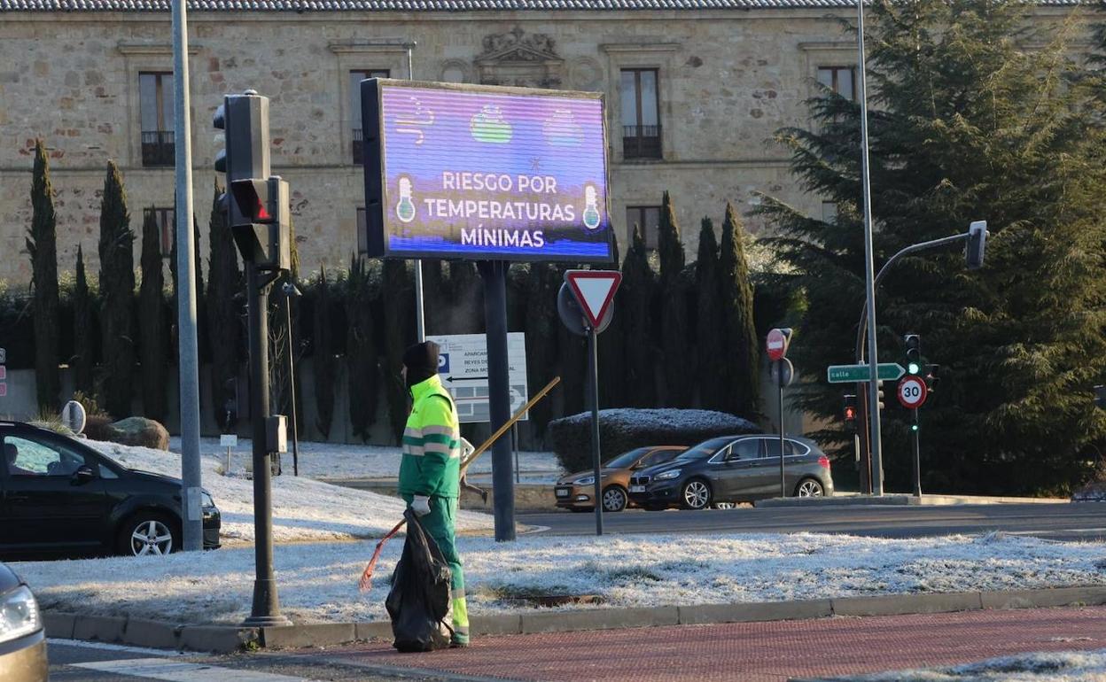 Un operario municipal limpia un jardin este viernes en Salamanca. 