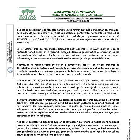 Parte del comunicado de la Mancomunidad Municipal de la Zona de Cantalapiedra y las Villas.