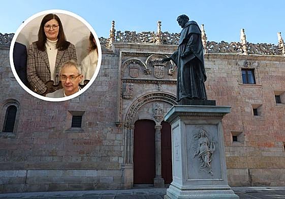 Imagen del Rectorado de la USAL y en el detalle, María José Rodríguez, detrás de Rivero.
