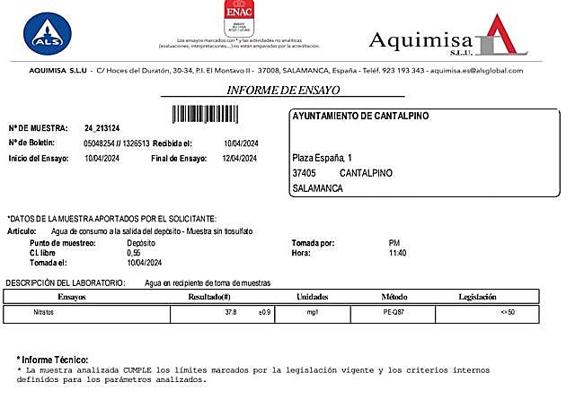Documento hecho público por el Ayuntamiento de Cantalpino para demostrar que su agua vuelve a estar apta para el consumo.