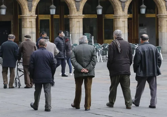Un grupo de personas mayores pasea por la Plaza Mayor de Salamanca.