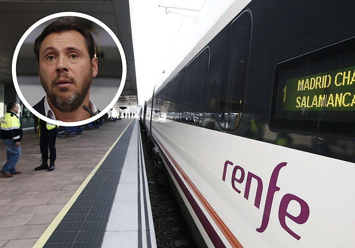 Un tren Madrid-Salamanca en la estación de Salamanca y, arriba, Óscar Puente.