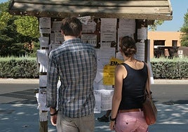 Dos personas observan anuncios de pisos y habitaciones de alquiler.