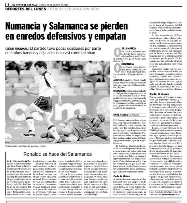 Página de El Norte de Castilla del año 2003 haciéndose eco de la visita de Ronaldo al Helmántico para ver un partido de la UD Salamanca.