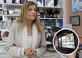 Pilar, tercera generación de Joyería Santiago; en el círculo, el escaparate del local.