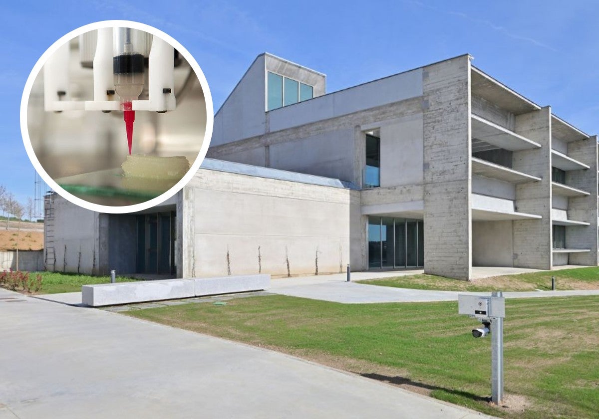 El edificio de Abioinnova y una bioimpresora 3D.
