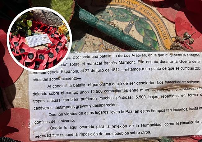 El mensaje colocado junto al monolito de la batalla de Los Arapiles en Salamanca.
