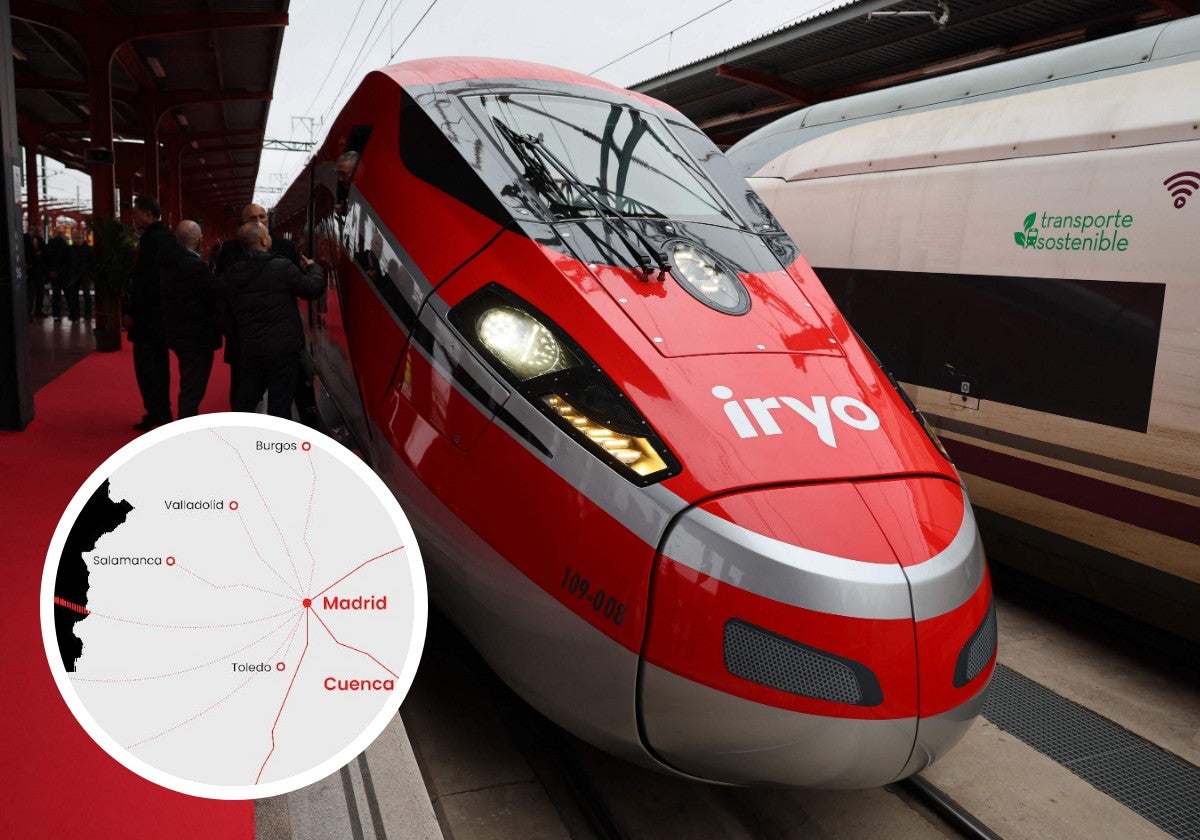 Uno de los trenes de Iryo y su mapa de conexiones multimodales.