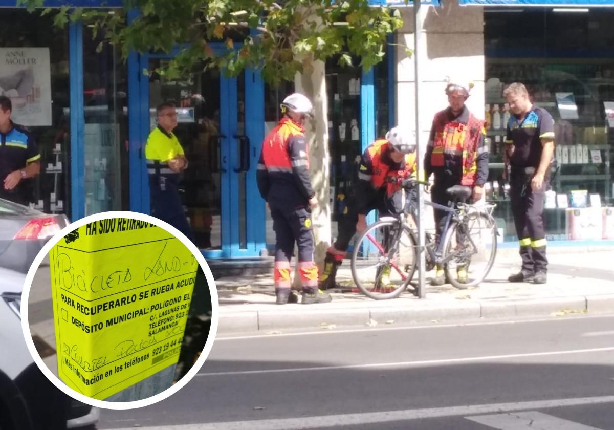 Policía Local y Bomberos retiran una bici amarrada a una señal en Salamanca.