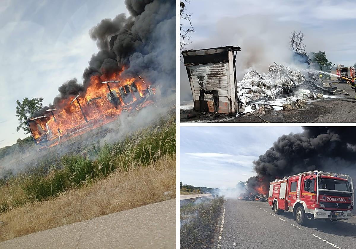 El camión en llamas quedó totalmente calcinado.