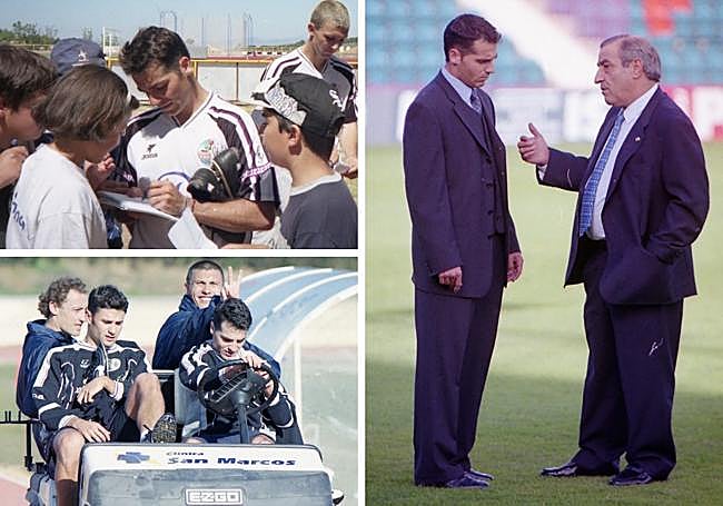 Vellisca, en su etapa en la UDS: arriba, firmando autógrafos; abajo, con varios compañeros saliendo de un entrenamiento en Las Pistas; a la derecha, junto a Pepe Hidalgo, presidente de la UD Salamanca en diferentes etapas del club.