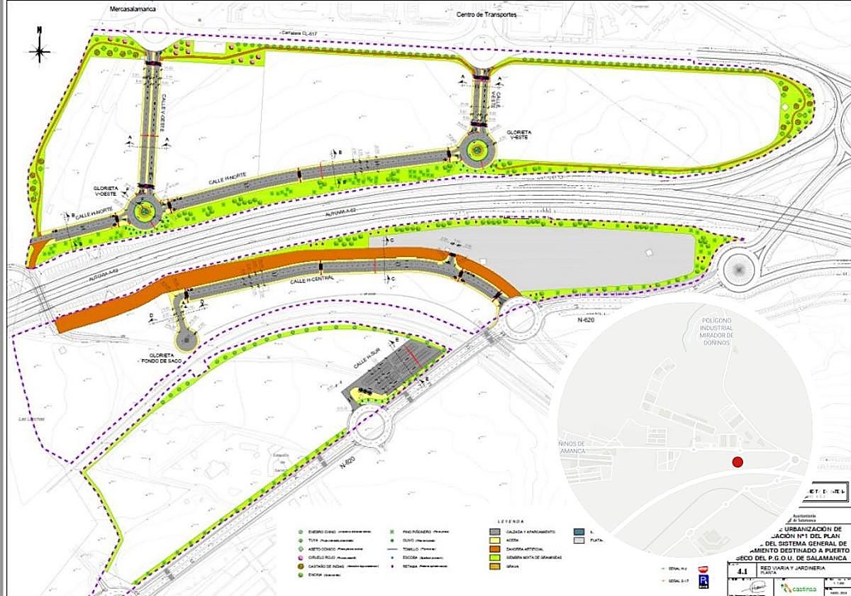 Plano de la zona de actuación y en el detalle, lugar en el que se construye el Puerto Seco.