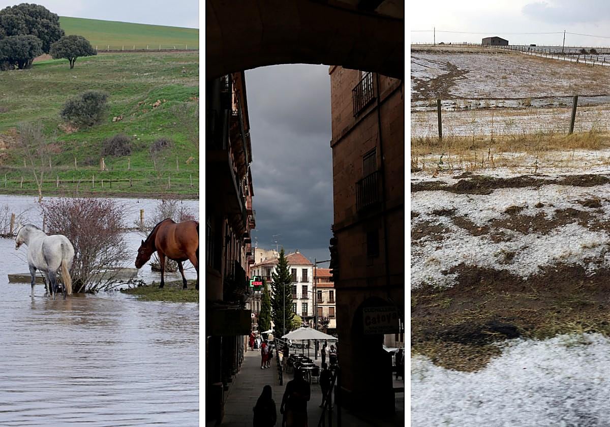 Crecida de un río, tormenta en Salamanca y granizo en el campo.