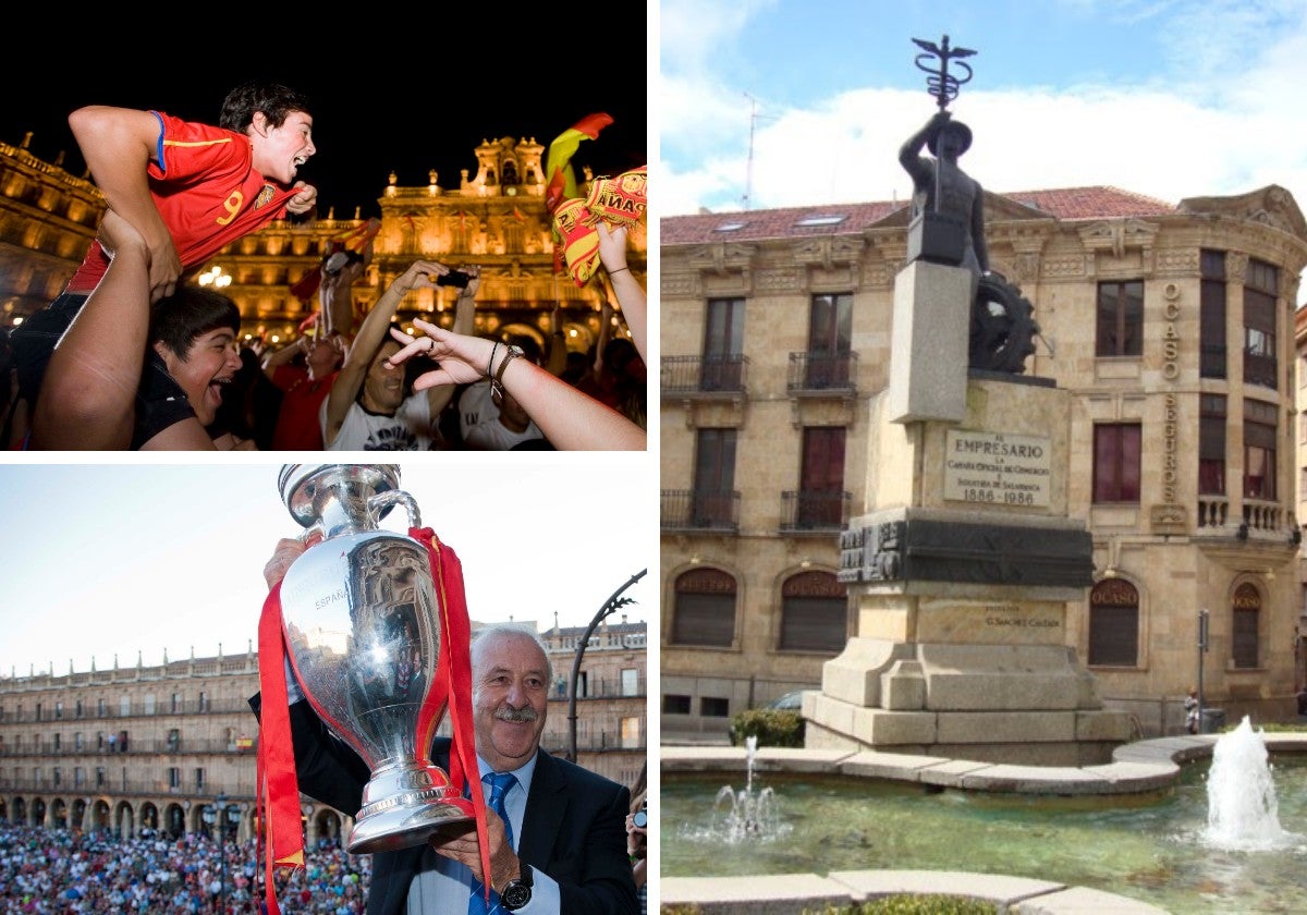 Celebraciones de 2012 en Salamanca, Del Bosque con el trofeo y antigua fuente del empresario.