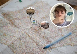 En el círculo, el joven que narra su experiencia; en el mapa de Salamanca a Madrid.