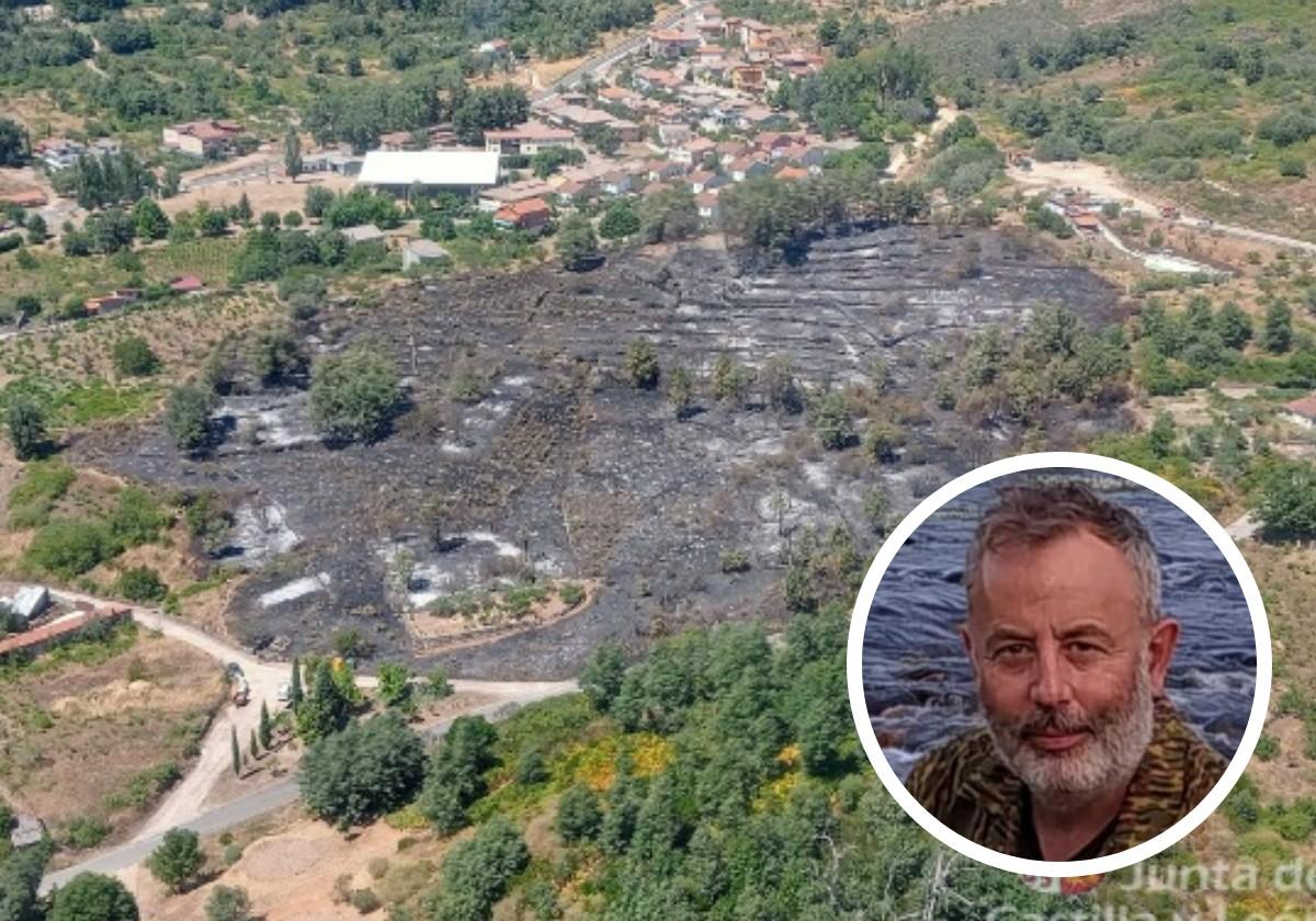 Foto del incendio de Cepeda en el que se puede apreciar la cercanía con las casas y, a la derecha, el alcalde de la localidad, Juan Miguel Martín Curto.