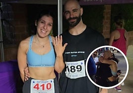 Paula Cabezas y David Iglesias posan con el anillo de prometidos tras la carrera y, a la derecha, el momento de la petición de matrimonio.