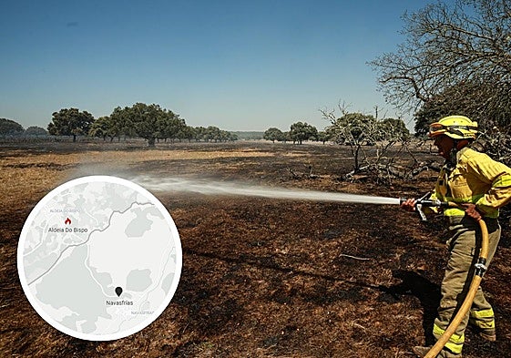Imagen de archivo de un incendio en la provincia y detalle del lugar del fuego.