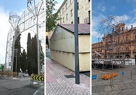 Ferial de La Aldehuela, casetas y montaje del escenario de la Plaza Mayor.