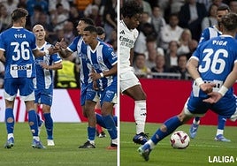 Pica, en dos acciones en el Bernabéu ante el Real Madrid.