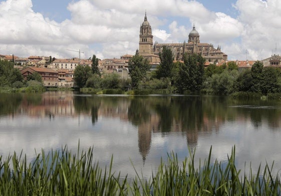 La catedral de Salamanca vista desde el río Tormes.