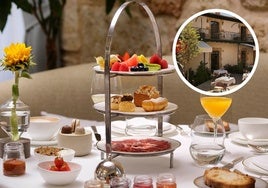 Imagen promocional del desayuno del hotel Eunice de Salamanca y detalle del patio y jardín interior del edificio.