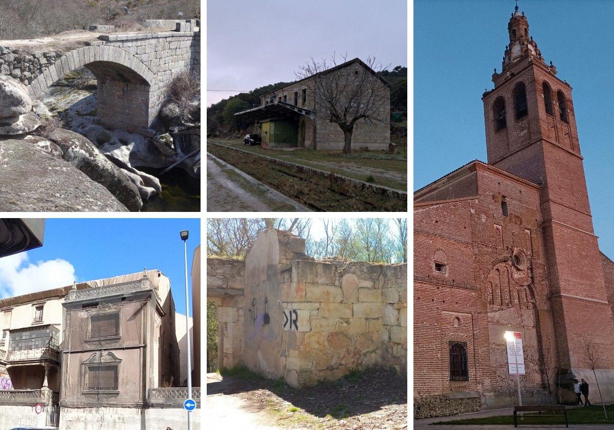 Desde la esquina superior izquierda y en el orden de las agujas del reloj: Puente Rando, estación de Ledrada, iglesia de San Salvador de Rágama, aceña de los Jerónimos y caserón neobarroco de la avenida de Italia.