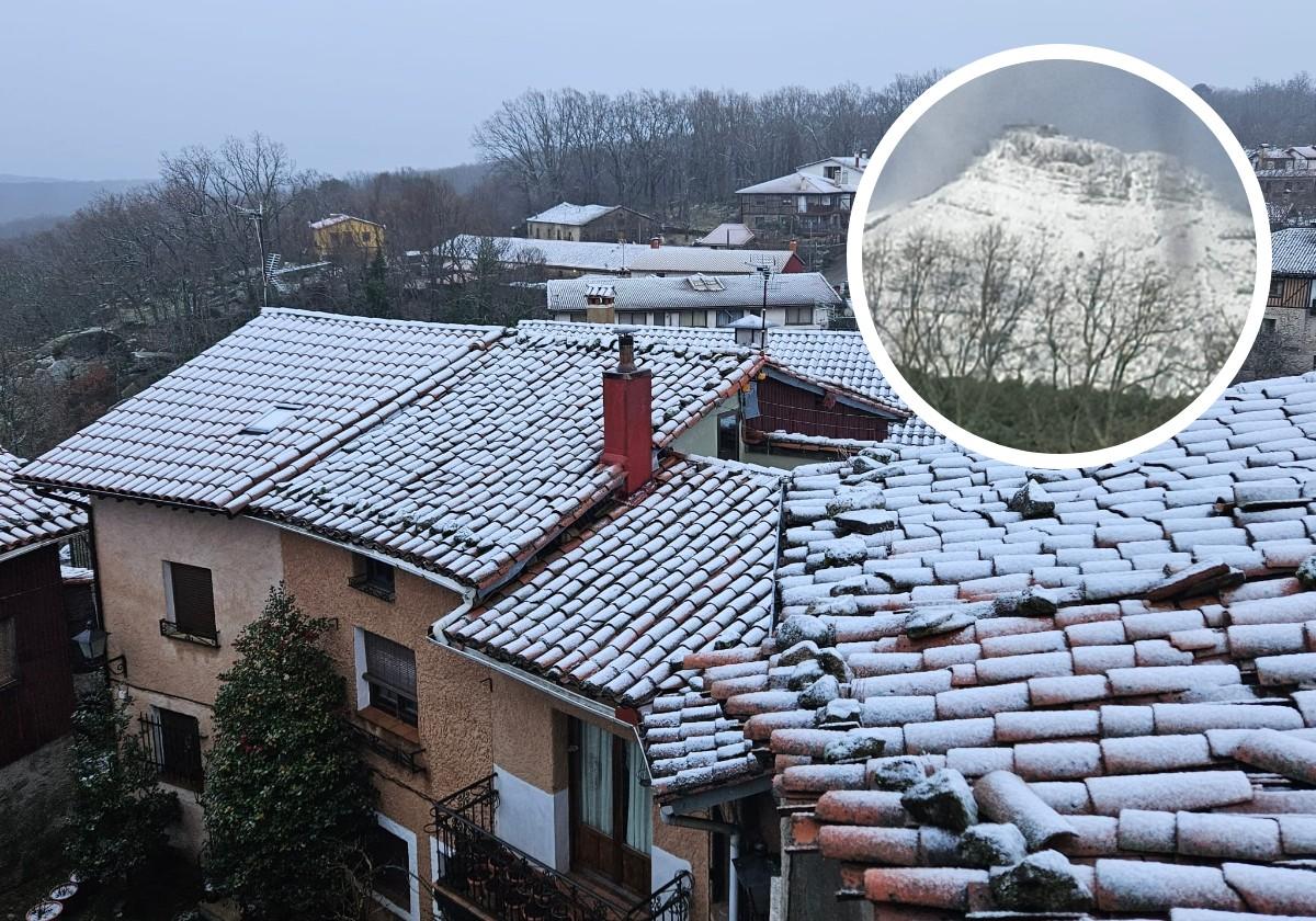 Nieve en la mañana de este martes en La Alberca y, arriba a la derecha, en la Peña de Francia.