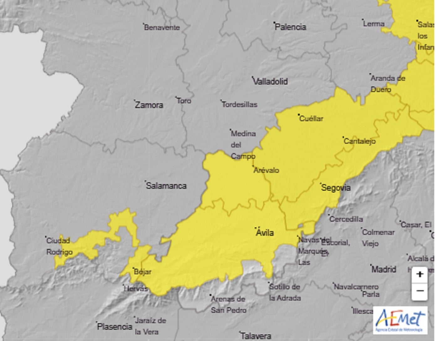 Áreas afetadas pelo aviso amarelo de neve no domingo.