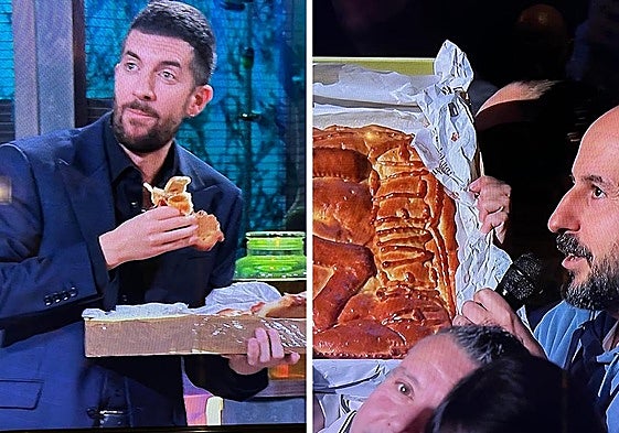 Broncano prueba el hornazo de Salamanca y a la derecha, el detalle del hornazo.