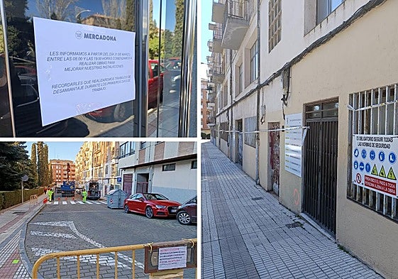 Aviso de obras, la calle cortada y el edificio que se va a rehabilitar.