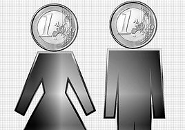 Mono de hombre y mujer con una moneda de euro como cabeza.