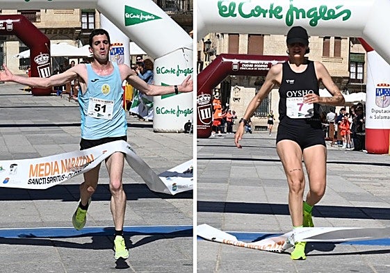 El luso Cristiano Daniel Ferreria y la salmantina Gema Martín Borgas, ganadores de la Media Maratón de Ciudad Rodrigo.