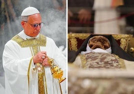 El Papa León XIV en un acto y el cuerpo de Santa Teresa expuesto en Alba de Tormes.