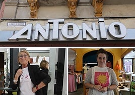 Arriba, el mítico rótulo de Calzados Antonio; a la izquierda Isabel -en Poeta Iglesias- y a la derecha Carmen, en la plaza de la Libertad.