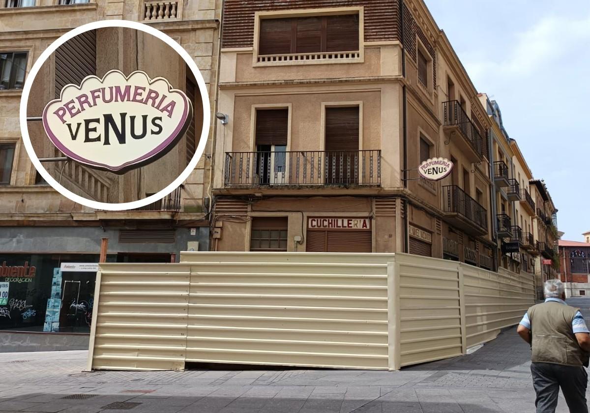 La fachada del edificio que se convertirá en apartamentos y detalle de su rótulo.