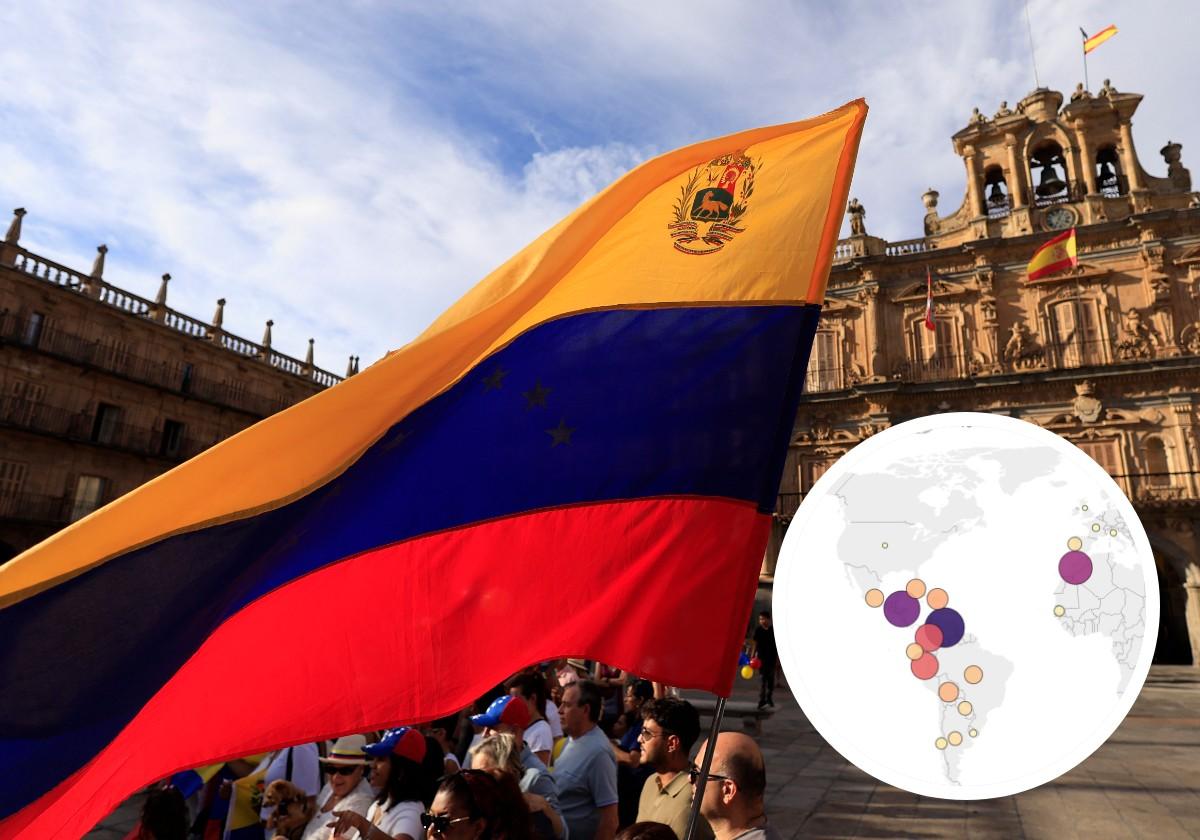 Concentración por las elecciones de Venezuela en la Plaza Mayor de Salamanca en una imagen de archivo y, a la derecha, mapa de procedencia de los nacionalizados.