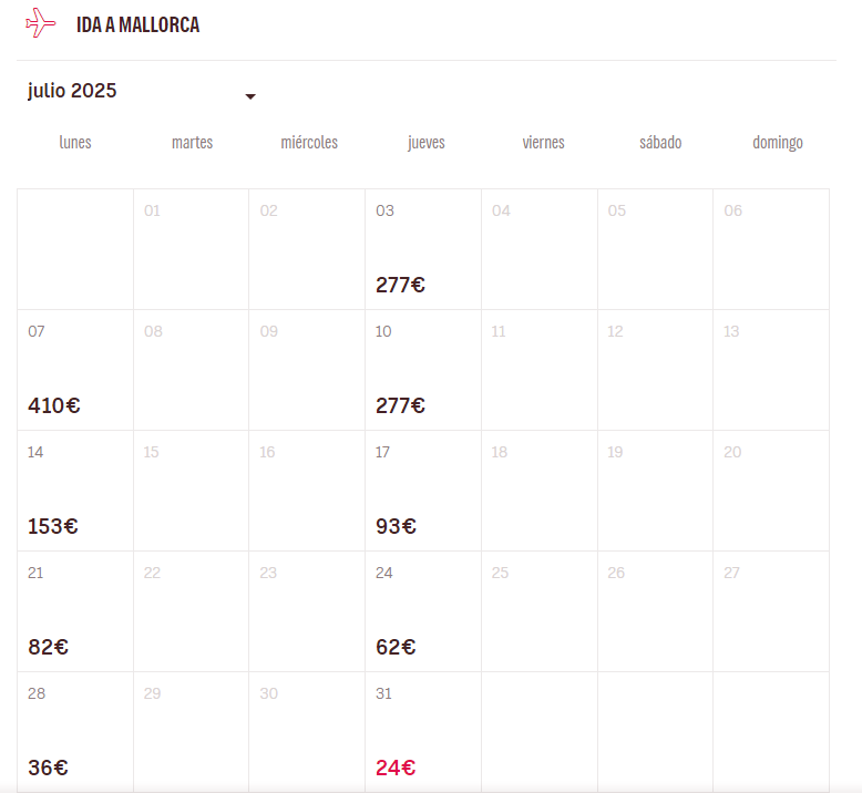 Algunos de los precios del mes de julio para la conexión entre Salamanca y Palma de Mallorca.