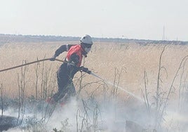 Un bombero trata de sofocar un fuego.