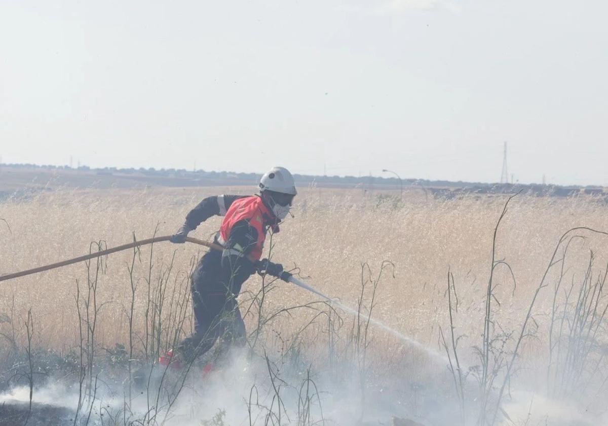 Un bombero trata de sofocar un fuego.
