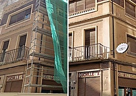 El edificio ya con andamios y antes del inicio de las obras, con el rótulo puesto.