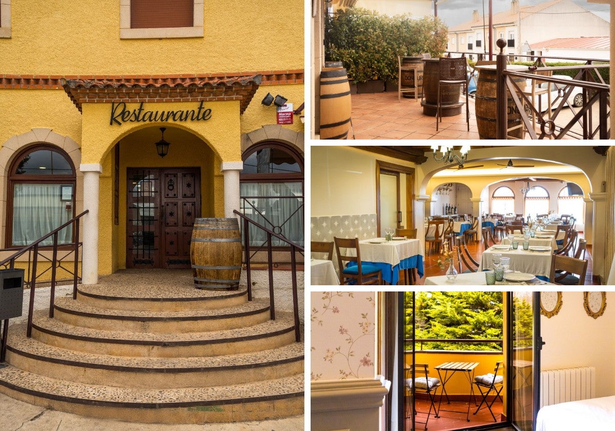 Acceso al restaurante, interior del bar, un comedor y una de las habitaciones.