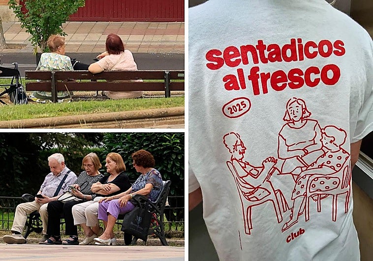 Personas sentadas en bancos públicos y la camiseta de 'Sentadicos al fresco'.