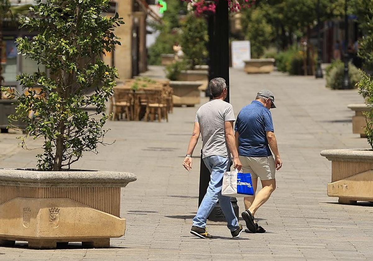 Dos personas pasean por la calle Zamora de Salamanca.