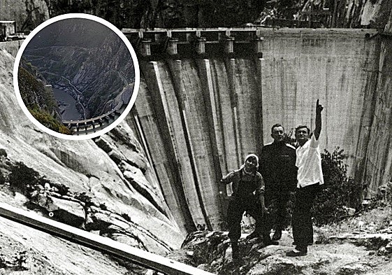 Los actores Alec Guinness y Rita Tushingham junto al director David Lean durante el rodaje de la película Doctor Zhivago en la presa de Aldeadávila (Salamanca) y, arriba a la izquierda, la presa en la actualidad.