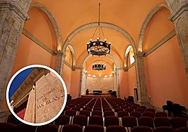 Interior del Auditorio de San Blas; en el círculo, la fachada del edificio