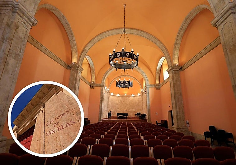 Interior del Auditorio de San Blas; en el círculo, la fachada del edificio