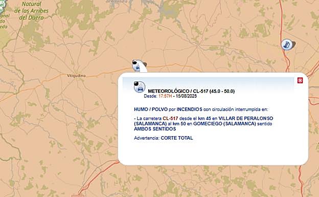 Corte de la carretera CL-517 en las inmediaciones de Vitigudino.